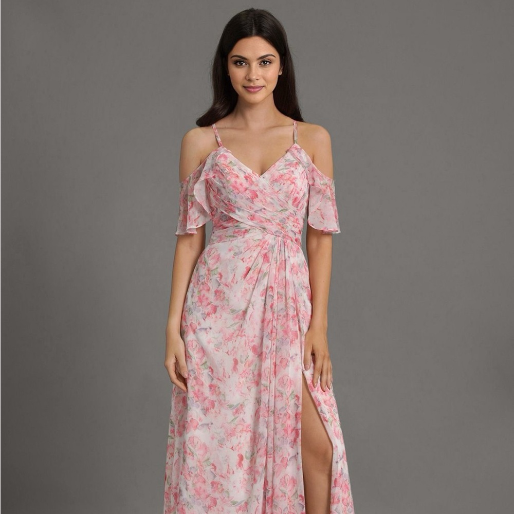 Azazie Dakota: Abstract Watercolor Floral Pink Off-Shoulder A-Line V-Neck Dress